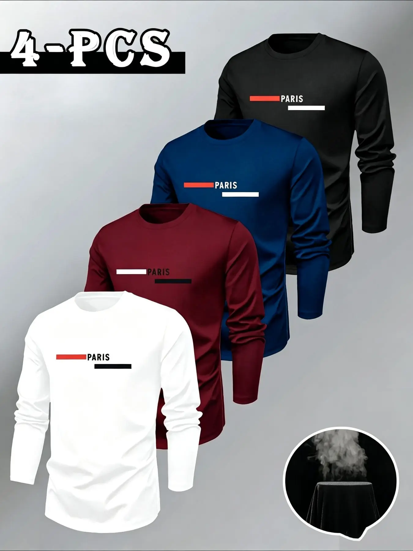 4-Pack Men's Fashion Long Sleeve T-Shirts, Paris Print, Comfortable Home Wear, Breathable Fabric, Casual Style, Ideal for All Seasons