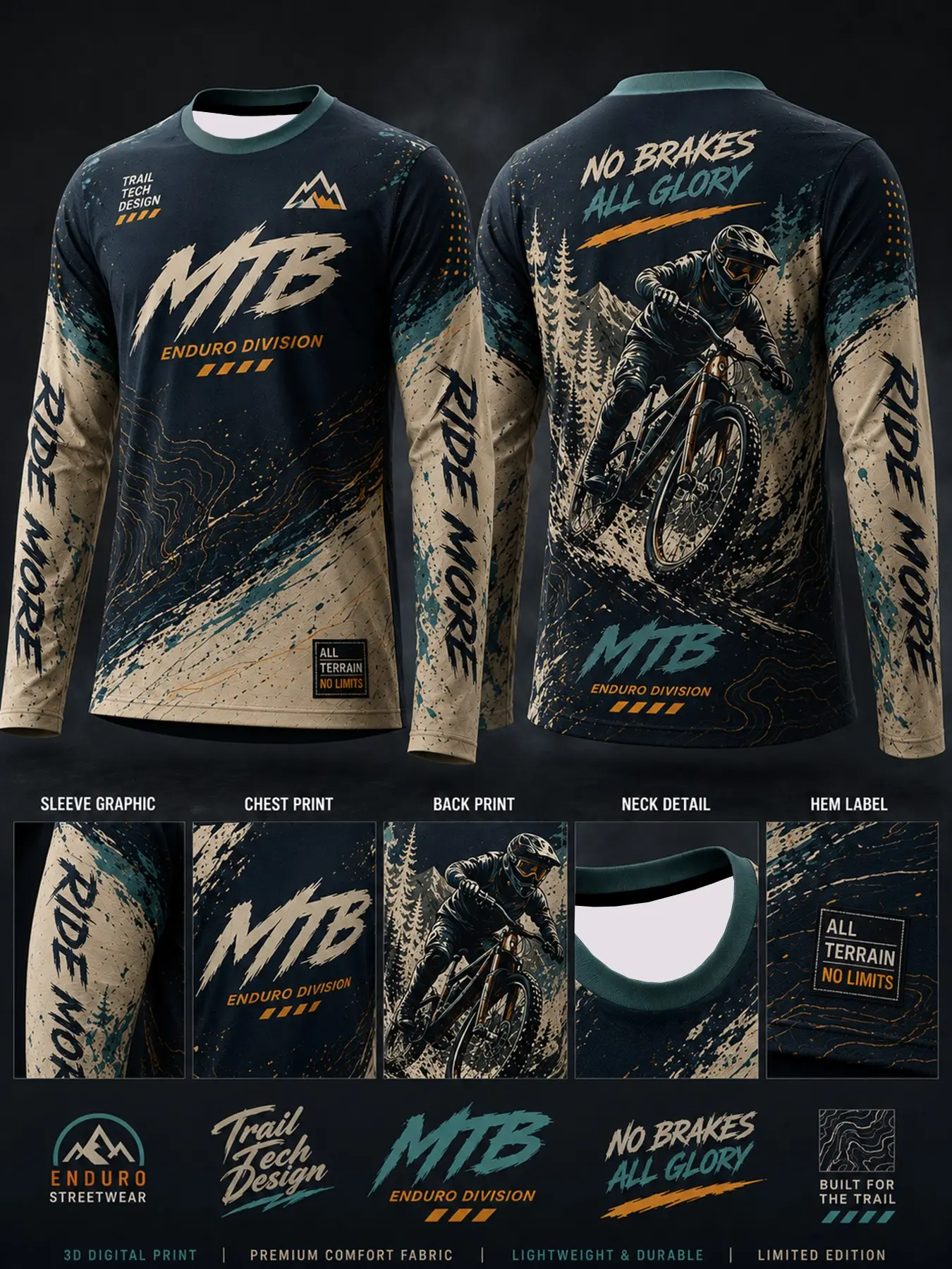 Rideline Mtb Long Sleeve Jersey For Men, No Brakes All Glory 27 Mountain Bike Shirt, Trail Hunter Ride Hard Print Cycling Top, Breathable Off Road Bicycle Racing Tee, Outdoor Motocross Riding Sportswear For Bike Enthusiasts, Off Roading Jersey