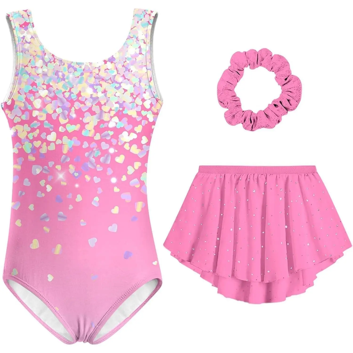 Girls Gymnastic Leotard Ballet Dance Dress Outfit with Removable Skirt Hair Scrunchie Combo 4-11 Years
