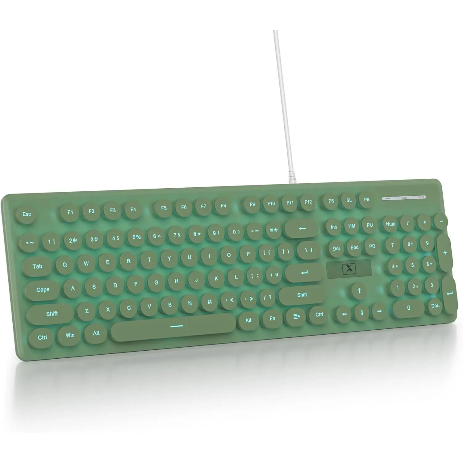 Quiet Keyboard Wired Membrane Keyboard Green, Full Size 104  Typewriter Key Board with Number Pad, Blue LED Backlit, Round Keycaps, Cute  Keyboards (Dark Green)