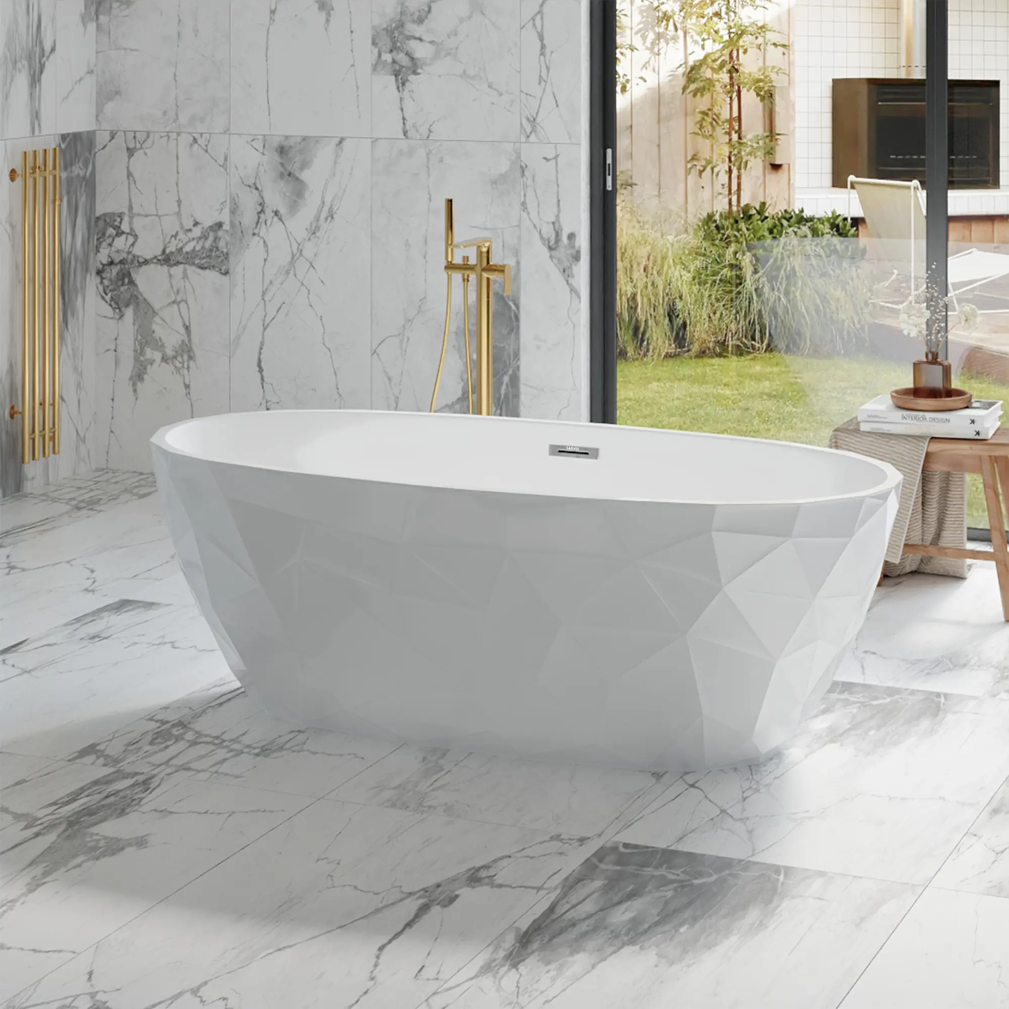 Modern Diamond Design Freestanding Acrylic  brand Bathtub – Luxurious Spa-Style Soaking Tub with Chrome Overflow & Pop-Up Drain – Stand Alone for Contemporary Bathrooms
