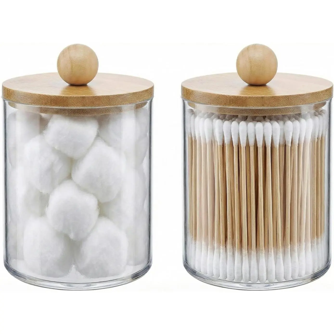 Beige Plastic Qtip Holder Dispenser Jar Container Set (2 Pack) - Decorative Bathroom Accessories for Swabs, Balls, Round Pads & Floss Picks, Wall-Mountable Home Organizer for Bathroom & Kitchen, Transparent
