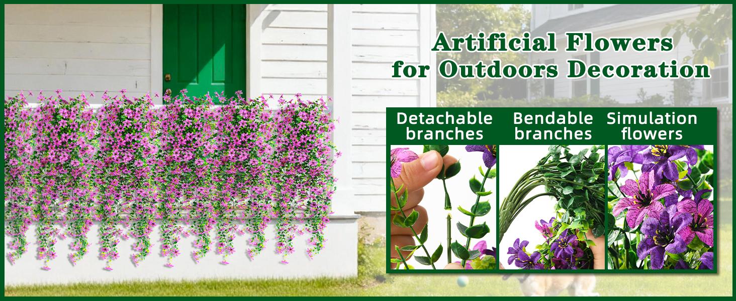 4 Bundles Artificial Boho Flowers for Outdoor,No Fade Fake Plastic Flowers Faux Plants for Decoration Hanging Planters Indoor Outside Garden Porch Window Box Home Wedding Farmhouse