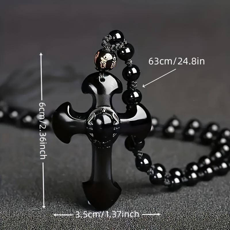 1 Piece Obsidian Necklace Cross Lucky Amulet Protection Pendant, with Bead Chain Black Synthetic Gemstone Amulet Jewelry Gift, Suitable for Men and Women