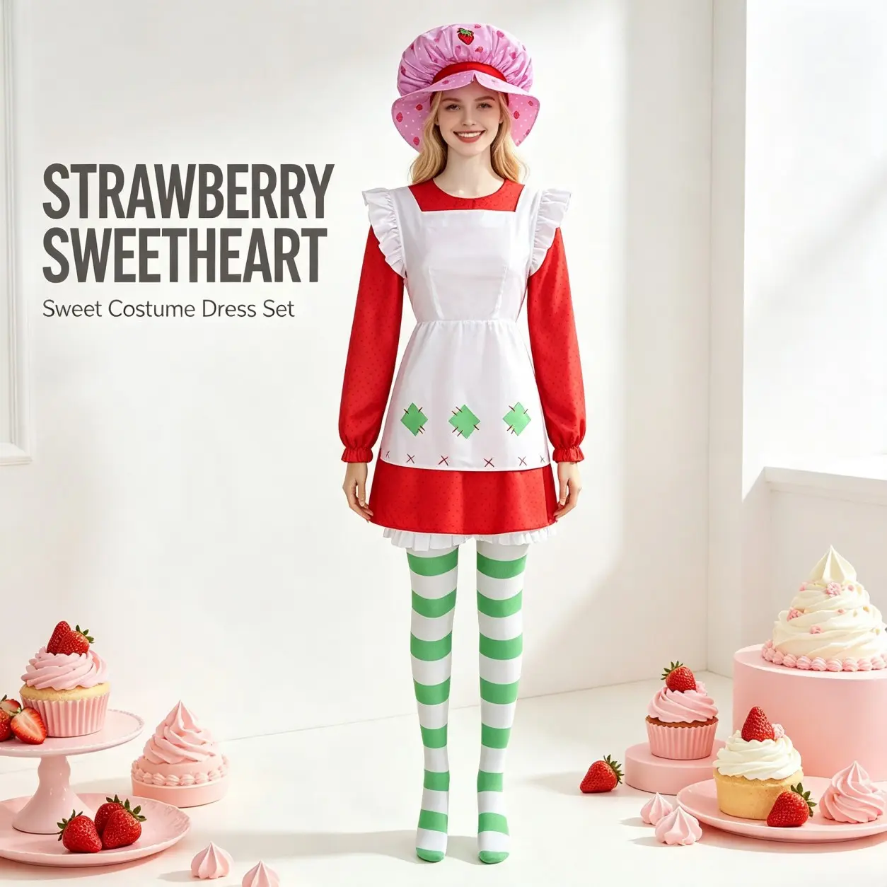 Strawberry Maid Cosplay Costume Set, Halloween Long Sleeve Dress Apron Hat Striped Socks Outfit