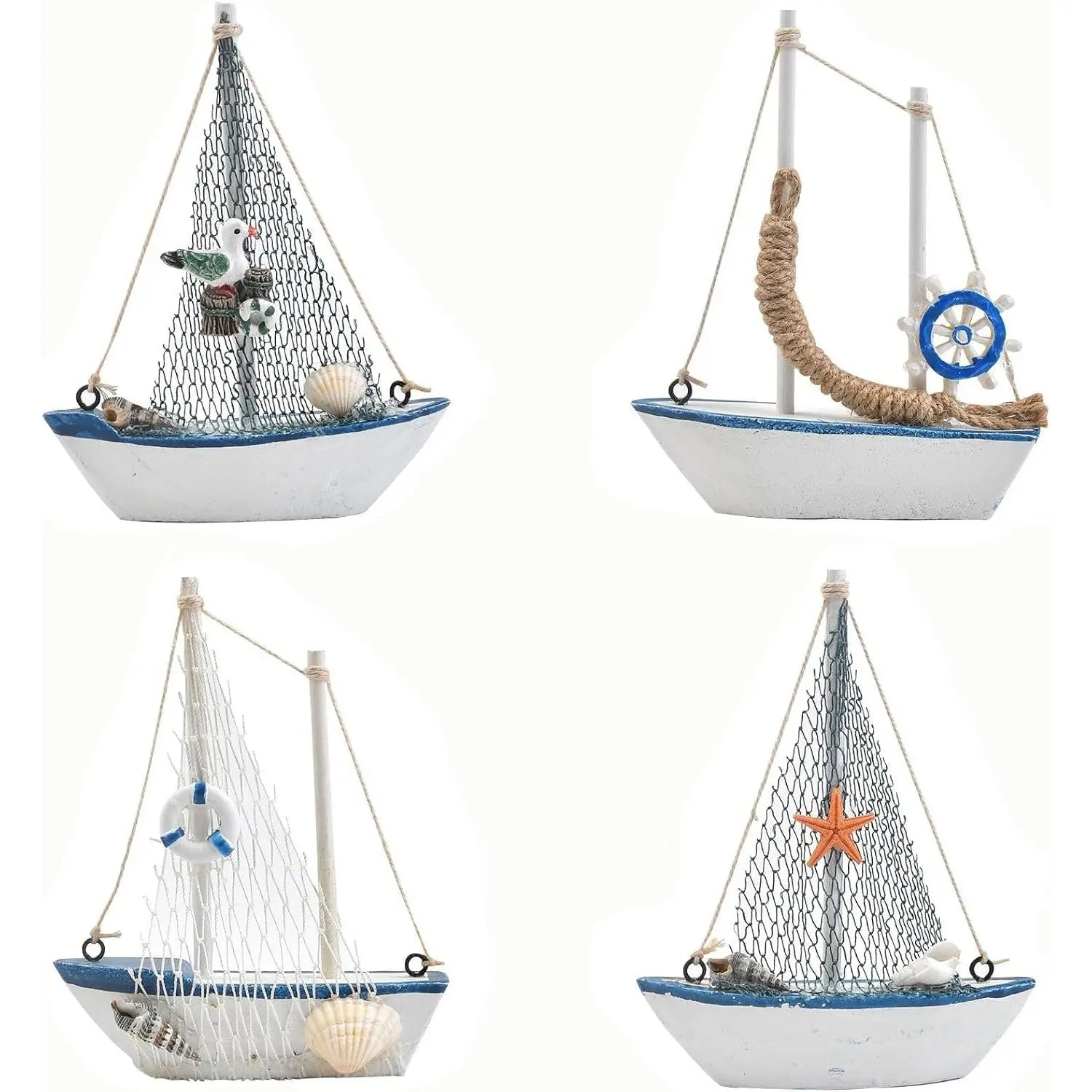 4PCS Mini Sailboat Decor Beach Nautical Design, Nautical Centerpieces for Tables, Navy Blue and White, Wooden Miniature Sailing Boat for Bathroom, Shower, Nautical Party Decorations