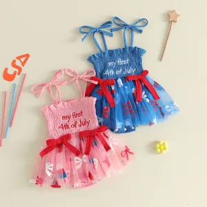 Newborn 4th of July Baby Girl Outfit Sleeveless Romper Smocked Dress Star Ruffle Tulle Tutu Headband