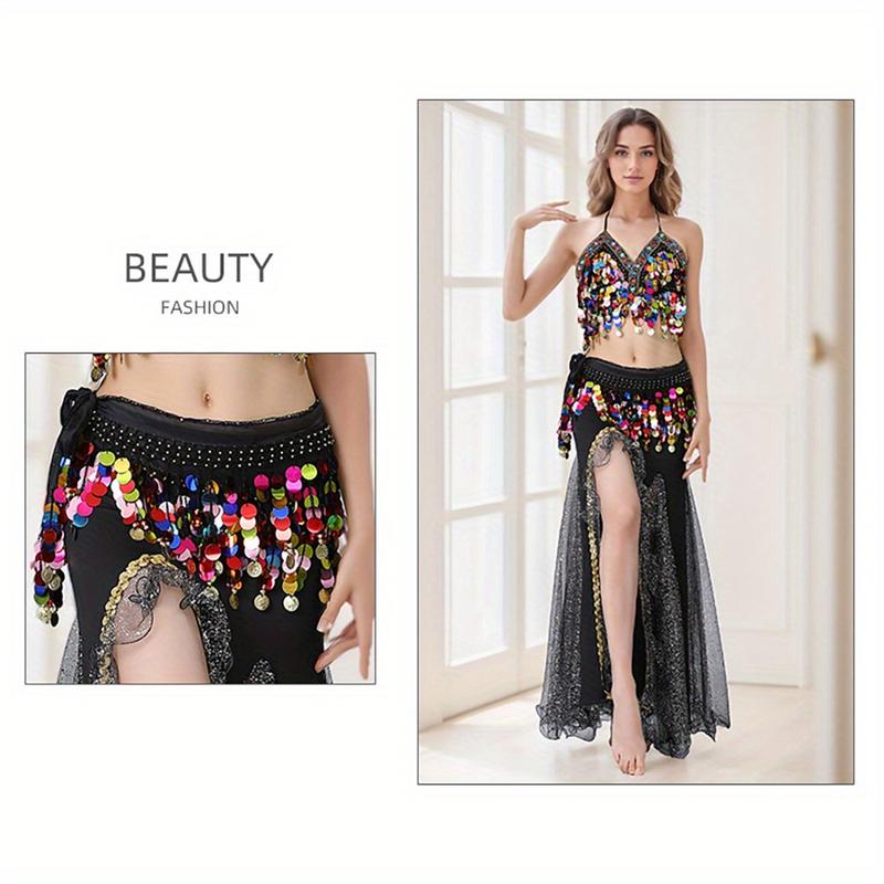 Women's Belly Dance Costume Set with Sequin Top & Mesh Skirt - Hand Washable Stage Performance Outfit with Hip Scarf & Belly Dance Pants-like Fit |   Shimmering Dance Dress for Belly Dancing, Raqs Sharqi, Middle Eastern Performances |   Comfortable & Dura
