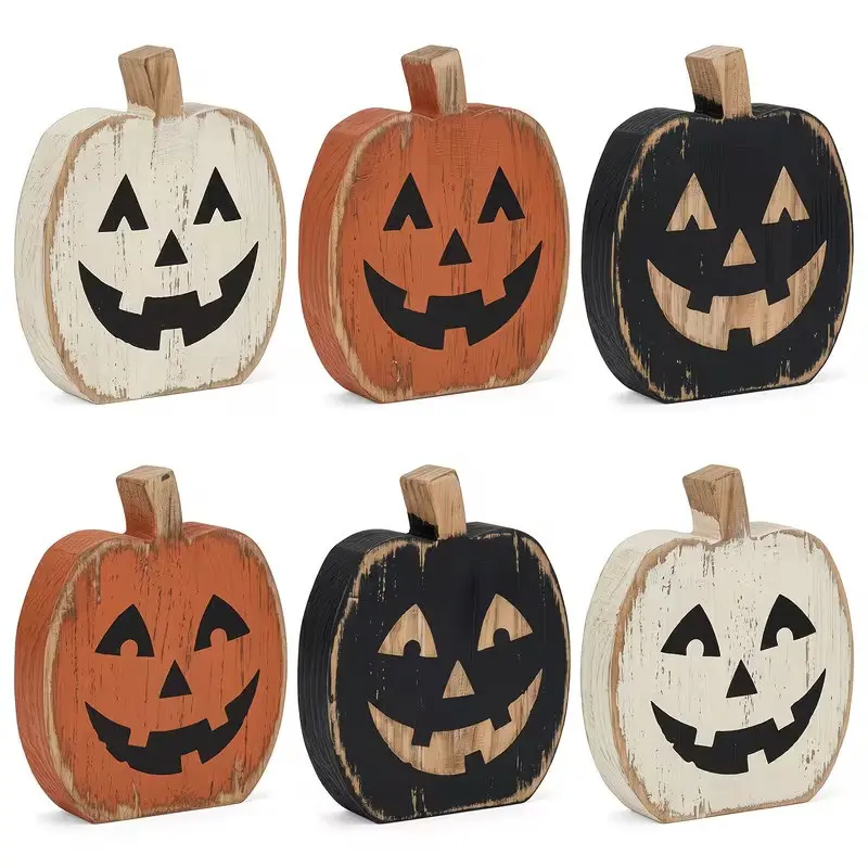 3/6pcs Rustic Wooden Halloween Pumpkin Decor Set - Jack-O'-Lantern Tabletop Ornament - Classic Farmhouse Home Decor, Suitable for Dining Table, Entryway, Living Room, Kitchen, Multi-Tiered Tray, Bookshelf - Perfect Halloween Prop, Ideal for Horror Parties