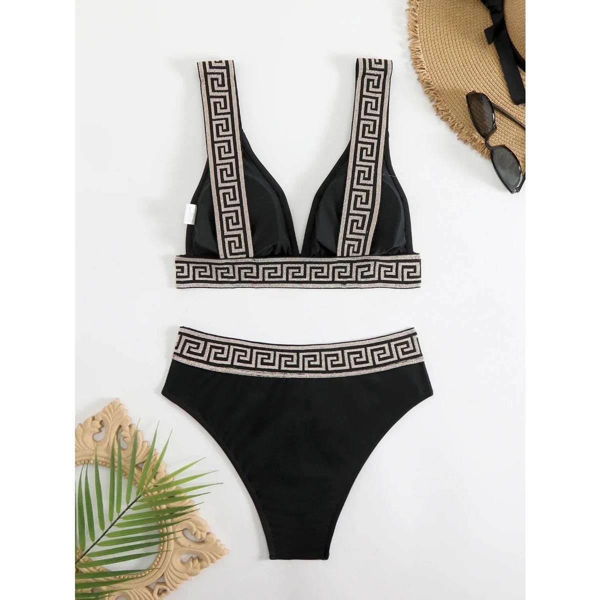 2026 New High-waisted Triangle Bag Bikini, Fashionable and Sexy Solid Color Webbing Beach Swimsuit,Black Gold Greek Key Print Two Piece Bikini Set for Women, Triangle Push Up High Waist Swimsuit 2026 New High-waisted Triangle Bag Bikini, Fashionable and Sexy Solid Color Webbing Beach Swimsuit,Black Gold Greek Key Print Two Piece Bikini Set for Women, Triangle Push Up High Waist Swimsuit