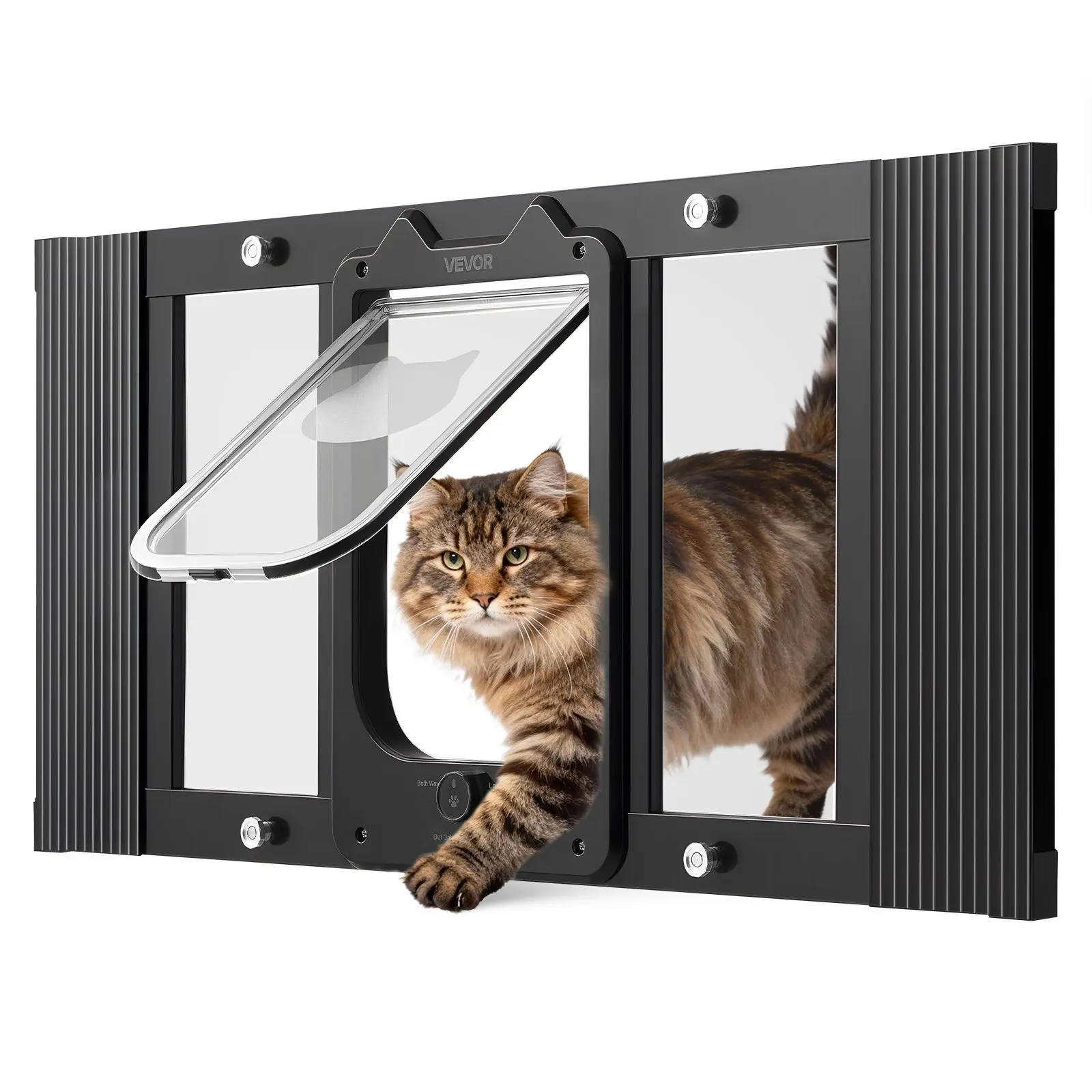 VEVOR Cat Door for Window, Adjustable Width 27-32 inch, 4 Lock Modes, Aluminum Frame, Black