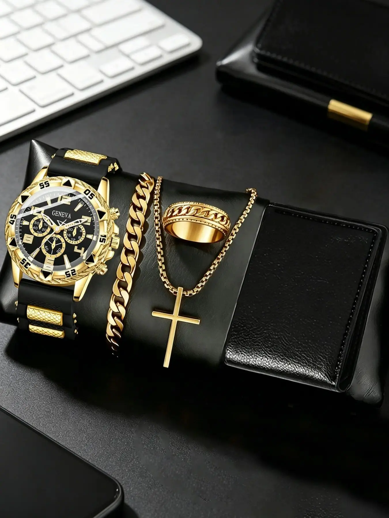 Men's Quartz Watch Set with Jewelry, Wallet, Necklace, Bracelet, Ring, Accessories Set, Accessory Set, Jewelry Sets, Jewellery Gift Set, Perfect for Daily Wear, Parties, Birthday Gifts, Father's Day