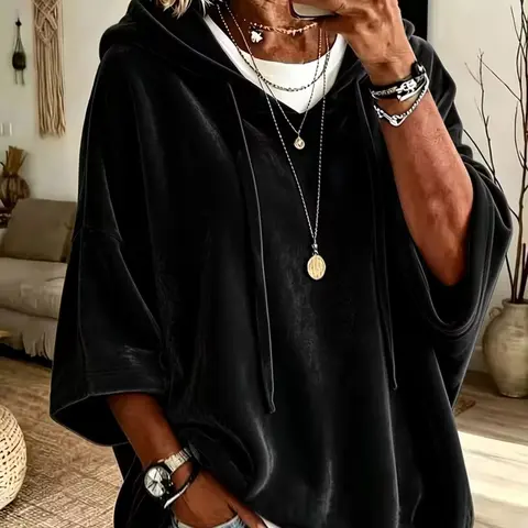 Women's Fall Winter Solid Color Casual Loose Velvet Hoodie Top, Comfortable and Stylish Pullover for Daily Wear, Perfect for Cool Weather