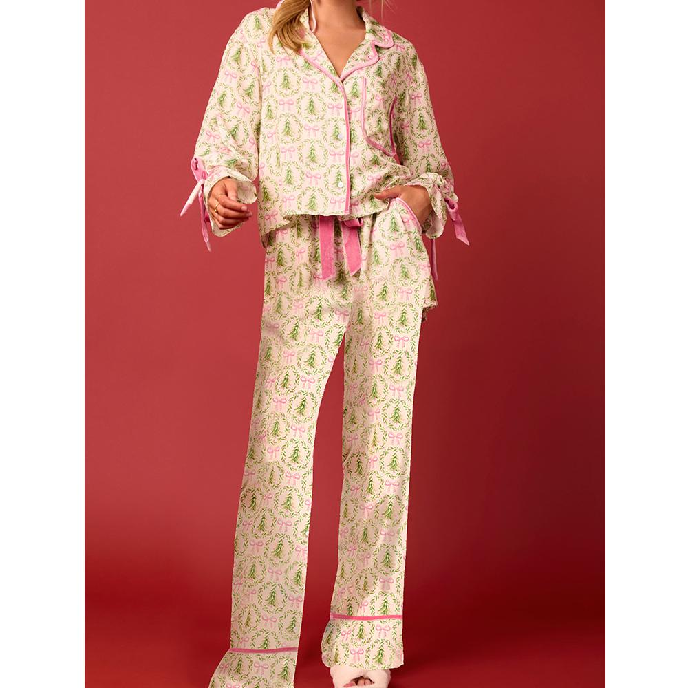 Women 2 Piece Christmas Pajamas Set Bow Tie Santa Claus Long Sleeve Button Shirts Wide Leg Pants Cute Pjs Sets Xmas Sleepwear