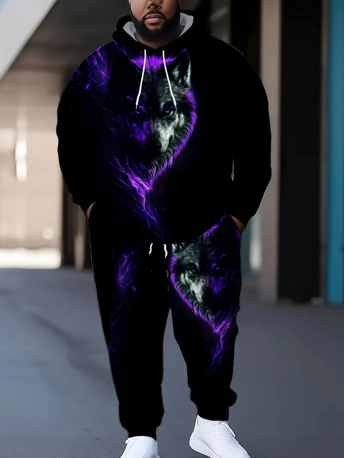 Lightning Thunder Wolf 3D Full Print Large Size Men's Hooded Sports Set, Casual Long Sleeve Sweatshirt, Fall & Winter Wear