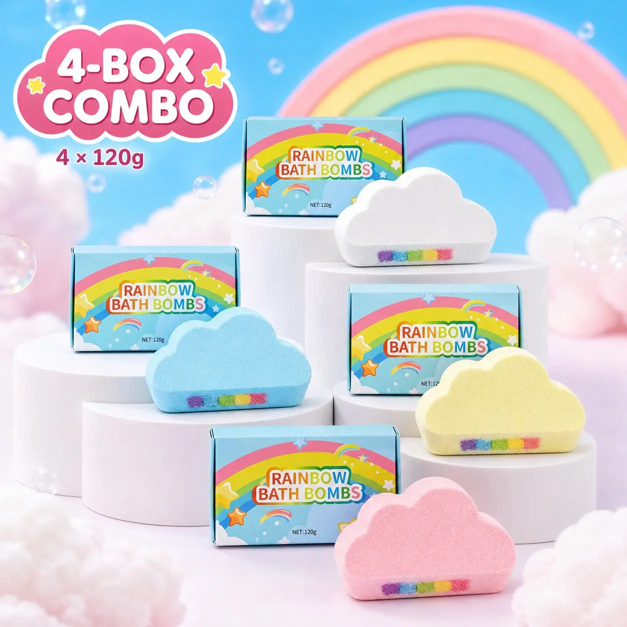 Rainbow Bath Bombs Gift Set, Four Colors Available, Dissolves in Water, Long-Lasting Fragrance, Moisturizes Dry Skin, Ideal for Spa