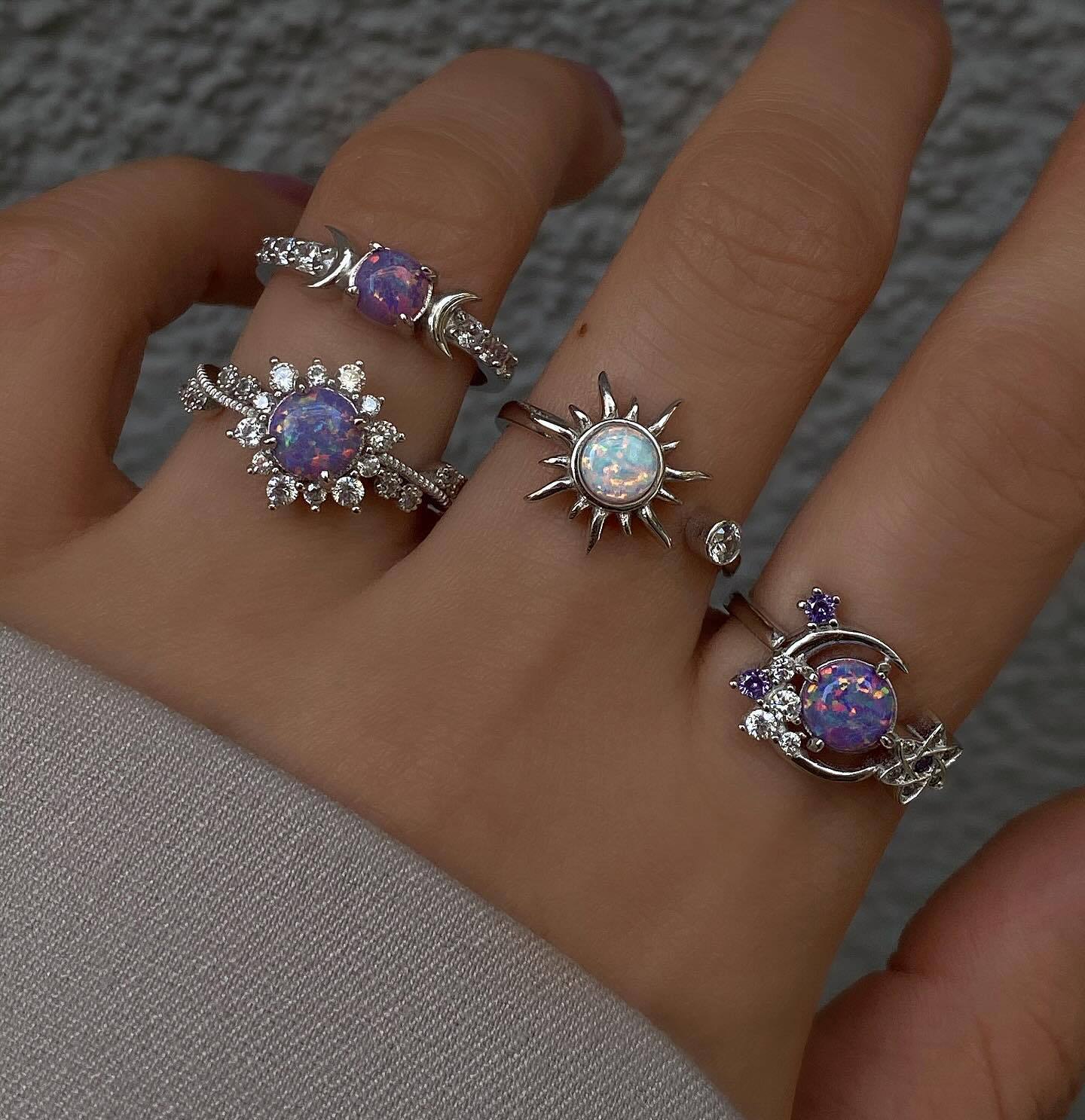 Women's Sun & Moon Gemstone Ring Set Trendy Geometric Stackable Jewelry with Sparkling Crystal Accents for Daily Wear and Parties