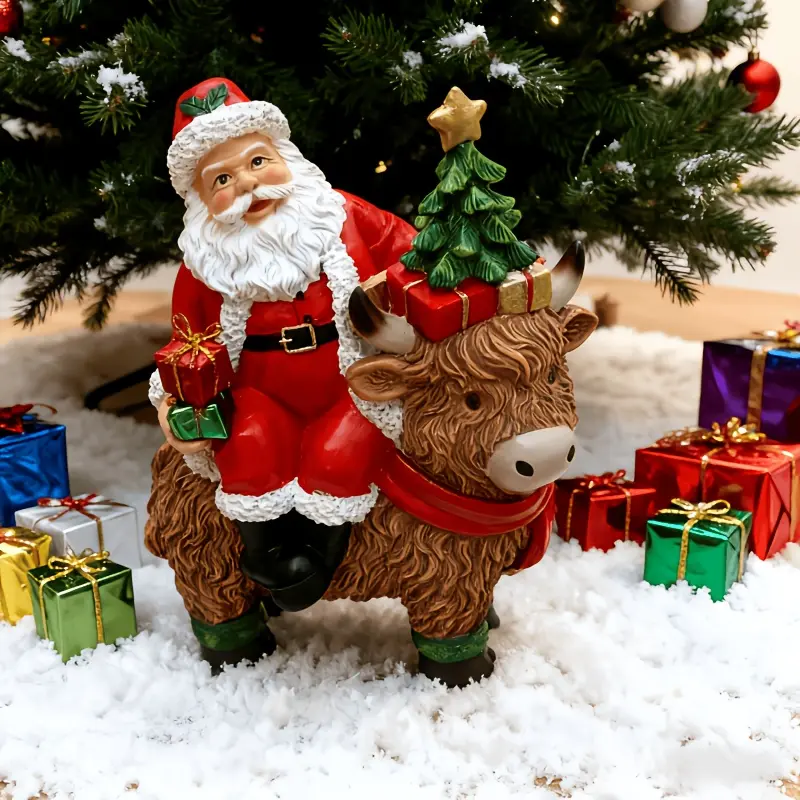 Christmas Highland Cow Santa Claus Statue Ornament, Home Desktop Holiday Decoration, Winter Desktop Christmas Tree Decoration, for Indoor Use, Can Be Displayed on the Fireplace Mantel or Windowsill, and Is the Best Christmas Gift for Children.