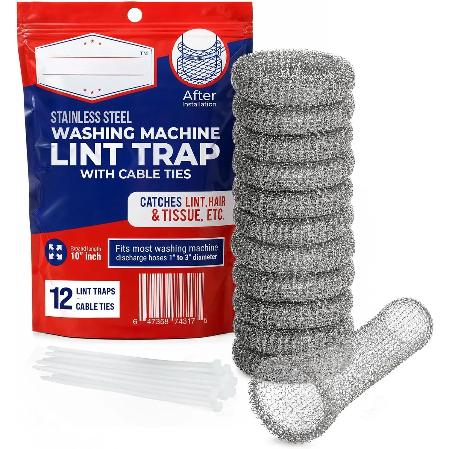 Washing Machine Lint  – Stainless Steel Hose Filter, Mesh ain Catcher, Washer Sock Lint Remover, Rust-Free Snare Launy Filter with Nylon  Ties, 29cmx6.5cm – 12-Pack