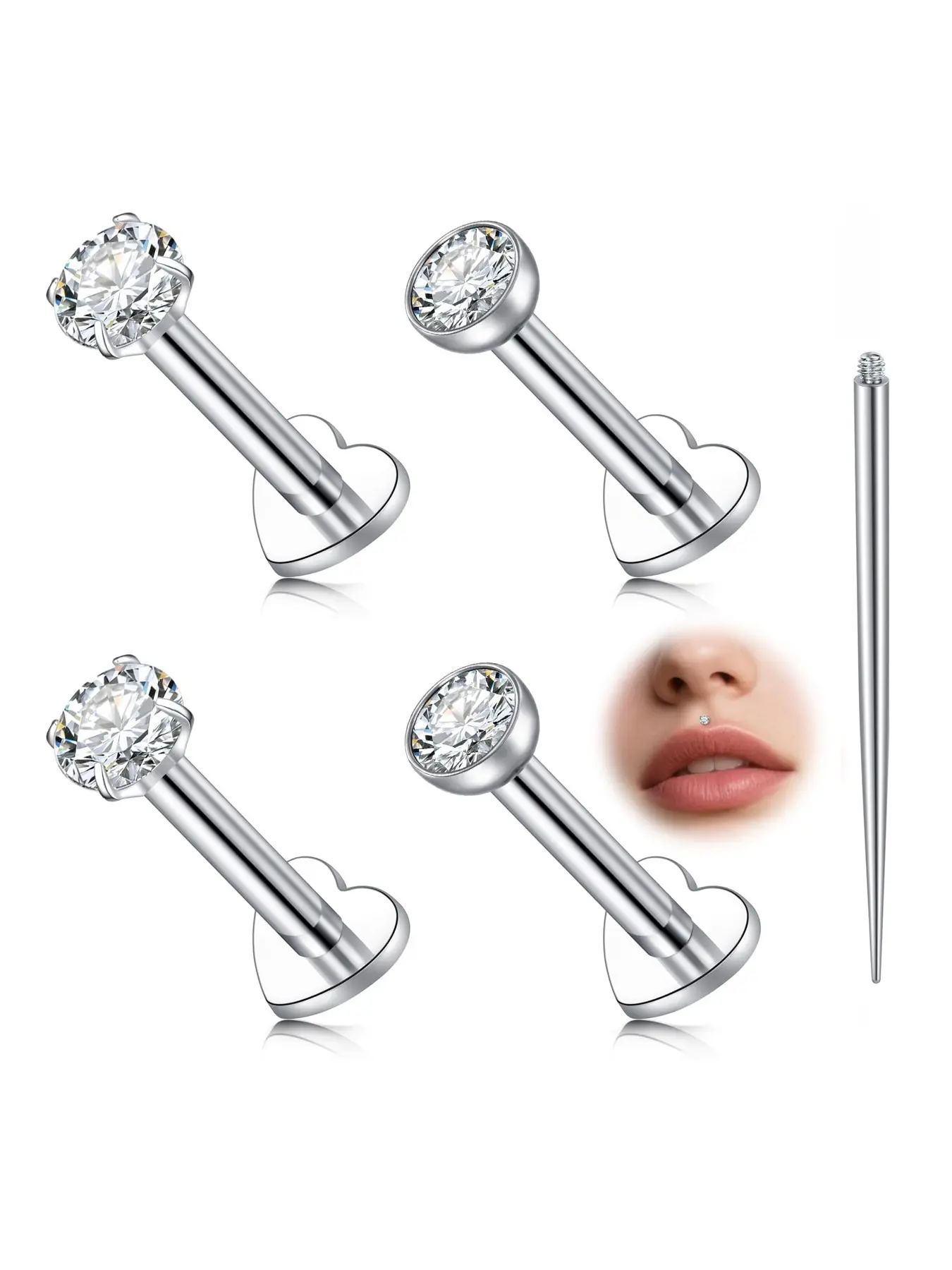 5Pcs 16G Lip Studs Stainless Steel Labret Piercing Jewellery Internally Threaded Medusa Piercing for Lip Tragus Helix Cartilage 8mm Tragus Piercing Jewelry