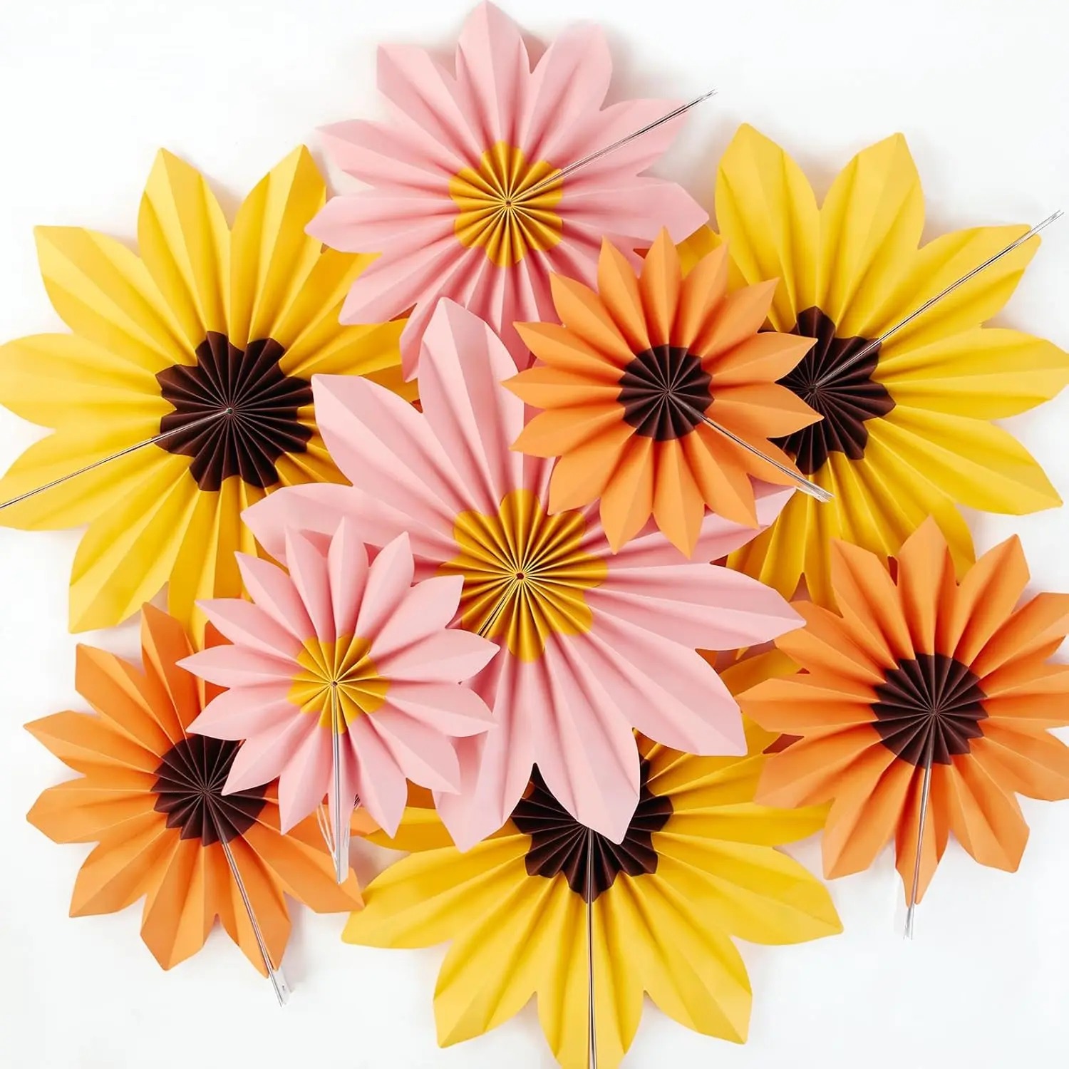 Orange Yellow Paper Fan, Pink, Orange and Yellow Paper Flowers for Sunflower Party Decorations, Paper Flowers Decorations for Wall, Sunflower Birthday Decor, Baby Shower, Classroom Decor