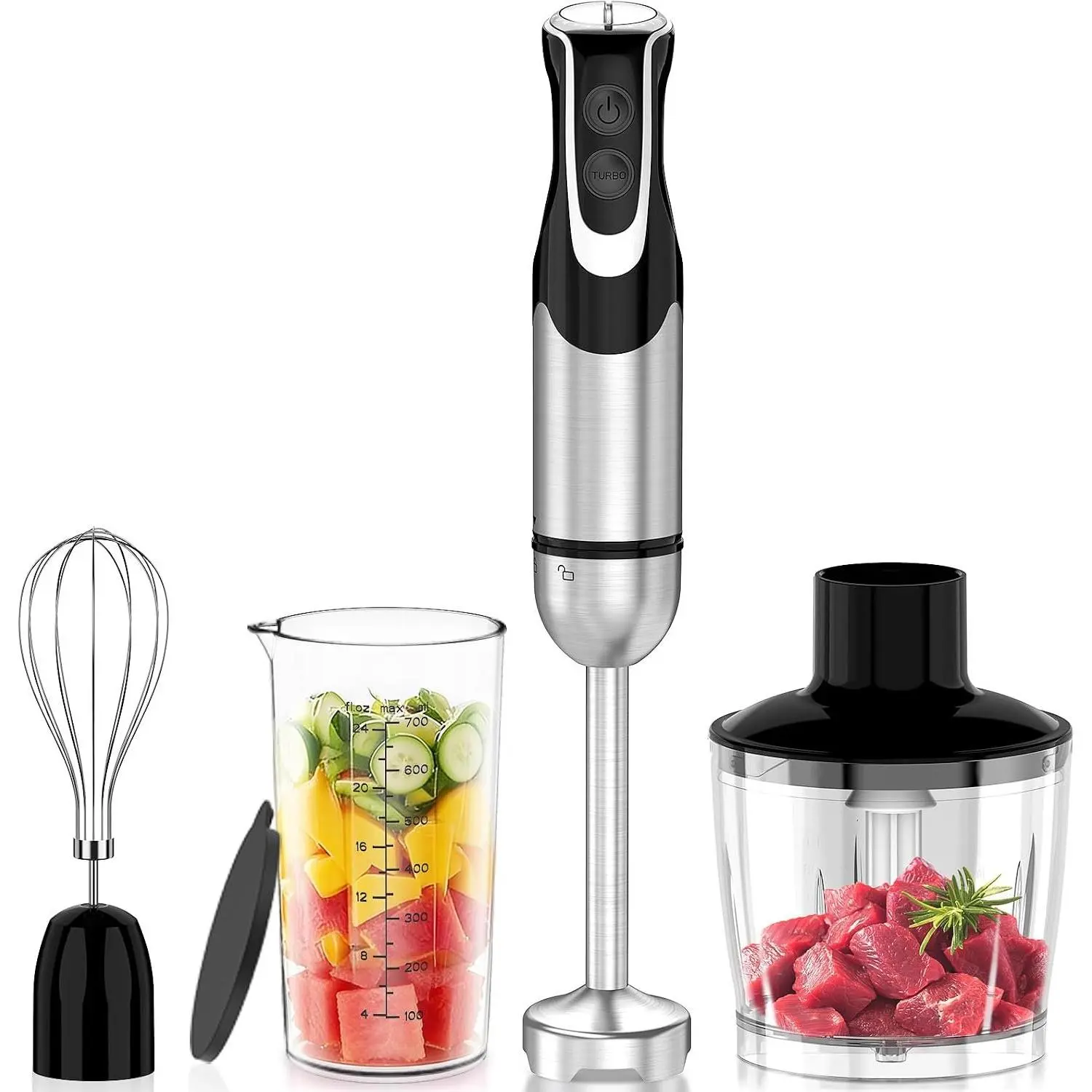 4-in-1 Immersion Blender Handheld with  Processor, 12 Speeds Hand Blender with Turbo Mode, Stainless Steel , Egg Whisk, Beaker &  Bowl, Stick Mixer for Smoothie, Puree