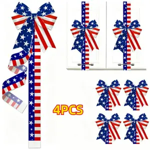 4pcs Independence Day Ribbon Bows - Festive Decorative Ribbons for Cabinets and Fireplaces - 4th of July Cabinet Bows Patriotic Decor Bows, for Kitchen Cupboard Wardrobe Door - America Flag Stripe Star Print Big Bows Decorations