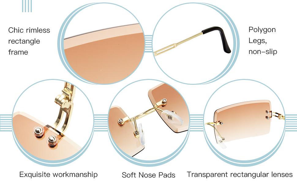 3 Pairs Rimless Rectangle Sunglasses Tinted Frameless Eyewear Vintage Transparent Rectangle Y2K Glasses