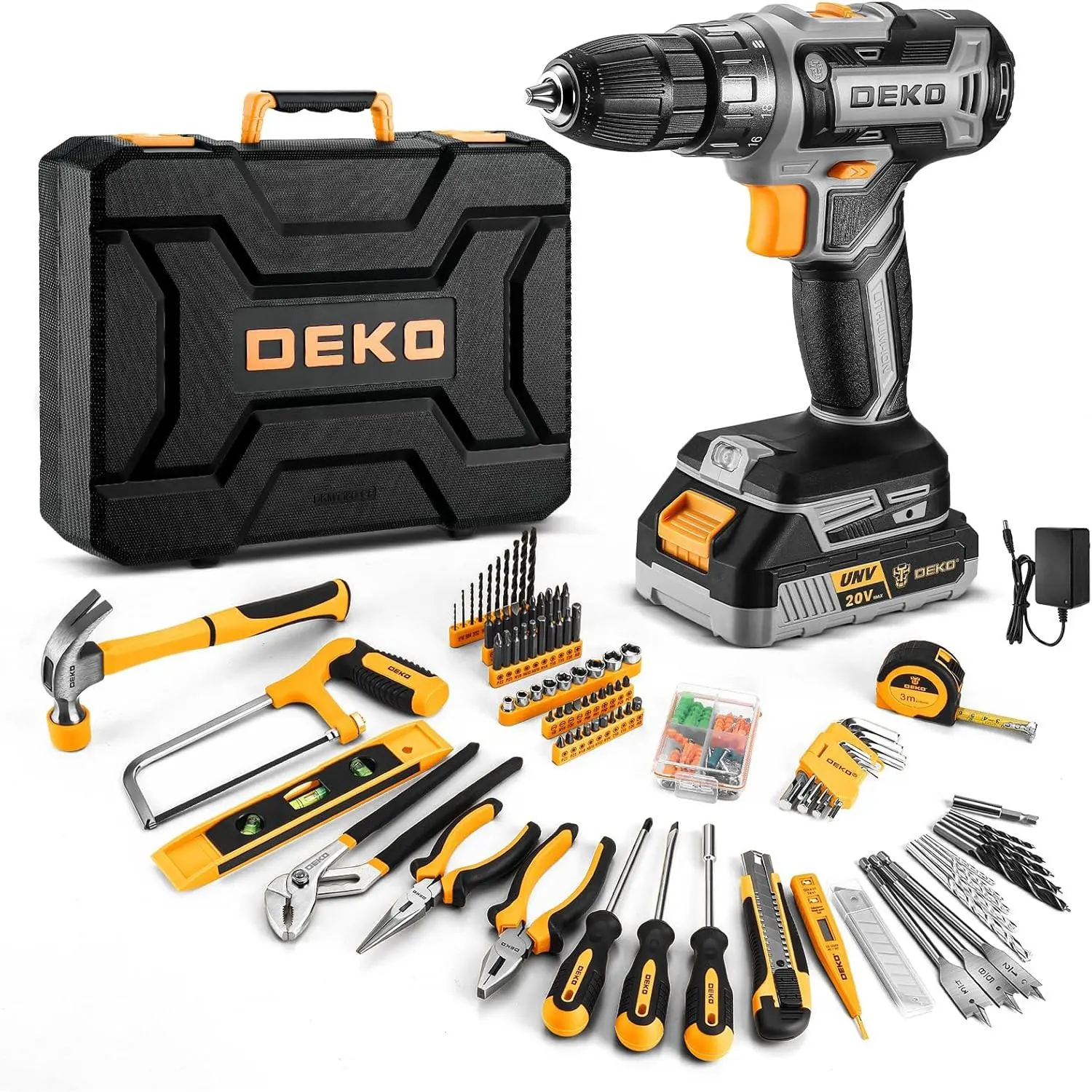 20V Carbon Steel Full Toolkit Set, Electric Driver with Battery, 1350rpm Max, 2-Speed Switch, Home Repairs Hand Tool Box with Drills Case for Men, Soft Grip