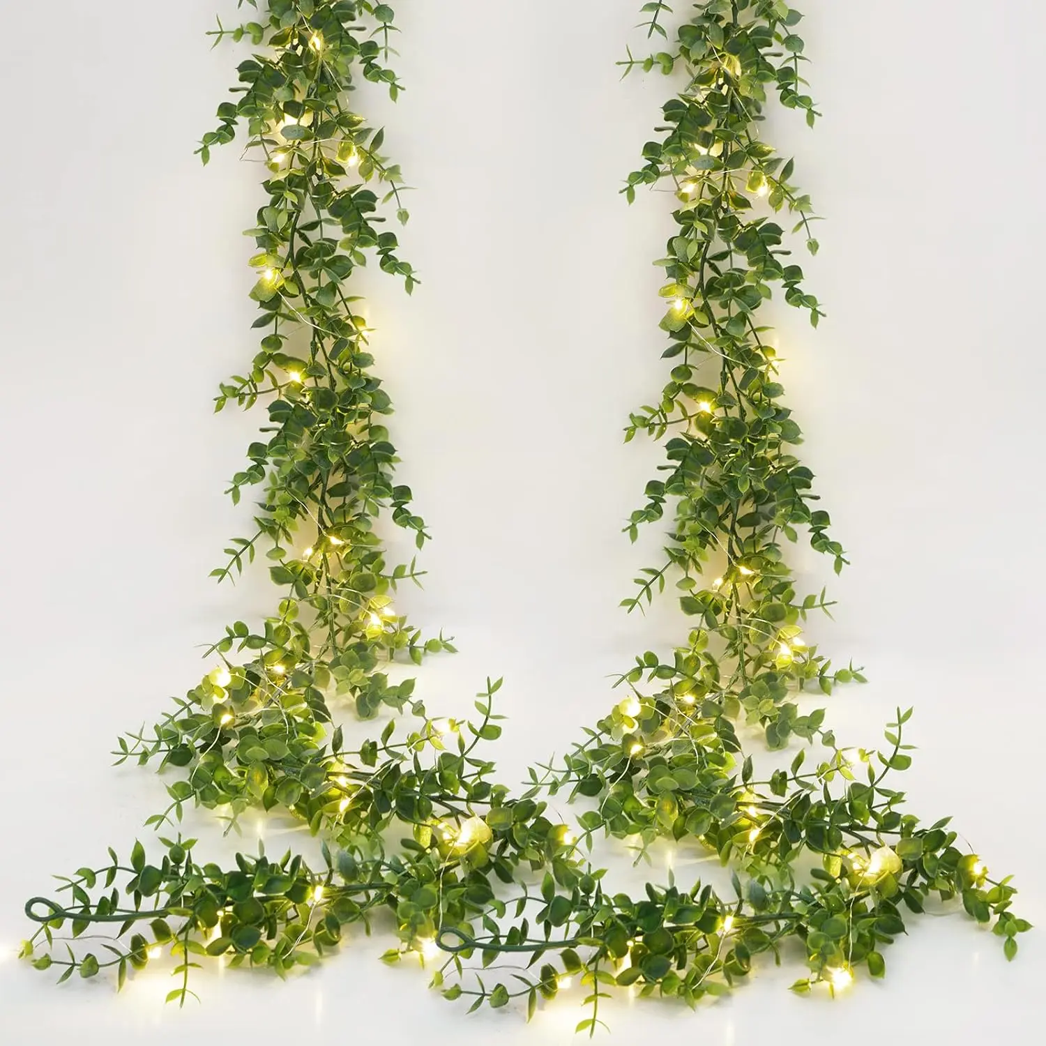 2 Packs Eucalyptus Garland with LED Lights String, 12Ft Faux Eucalyptus Greenery Garland, Artificial  Green Eucalyptus Leaves Vine Wedding Backdrop Arch Wall Table Decor (Grey Green)
