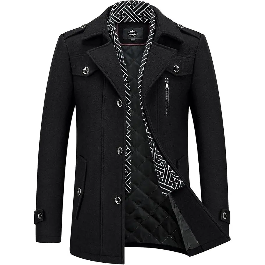 Men's Winter Mid Length Wool Blend Coat Single Breasted Peacoat with Removable Scarf