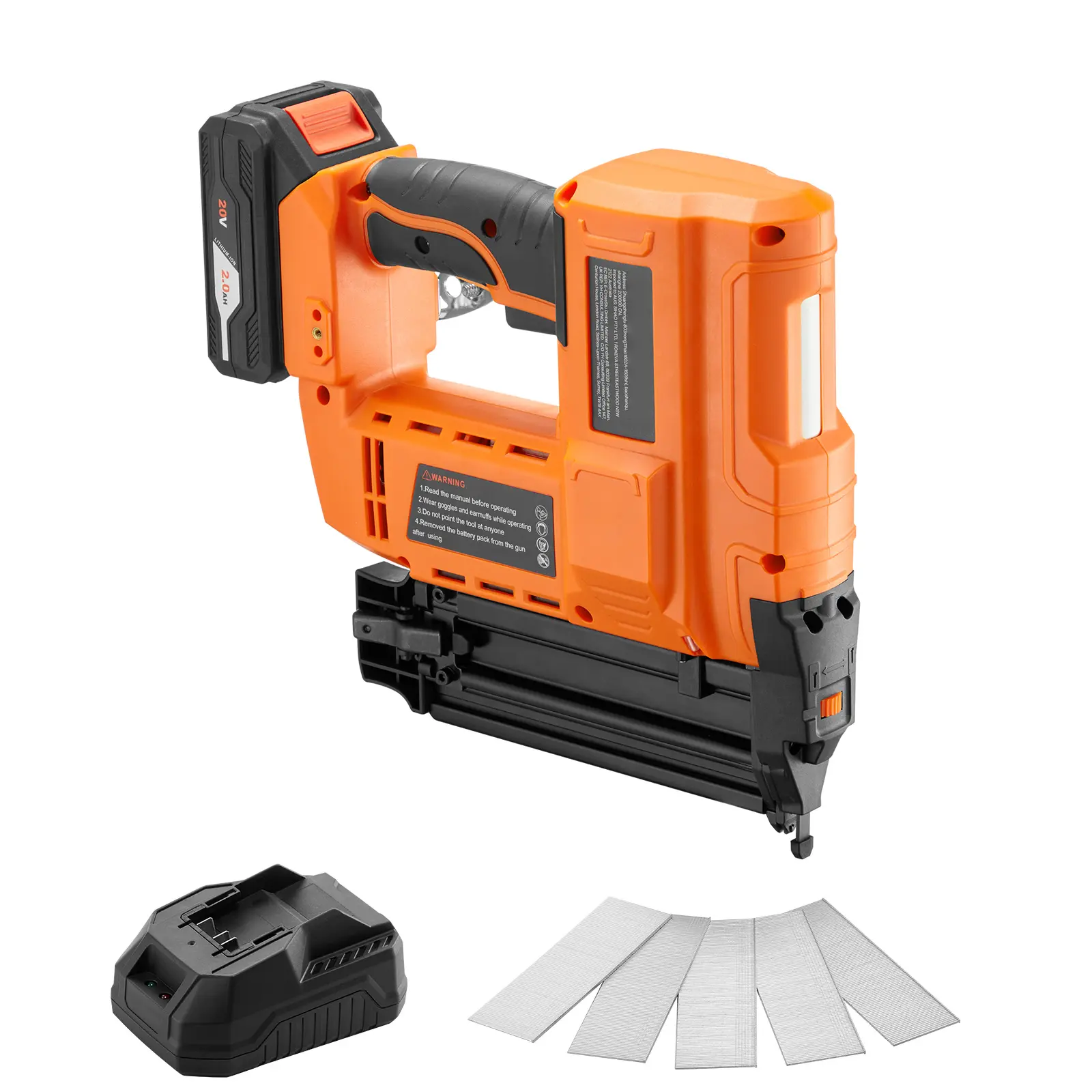 Cordless Brad Nailer, Battery Powered Nail Gun, 20V 2.0Ah Battery Pack X 1 Battery Capacity, DC 20V Rated Voltage, Reinforced Nylon PA6-GF30 + TPE Construction, Adjustable Nailing Depth