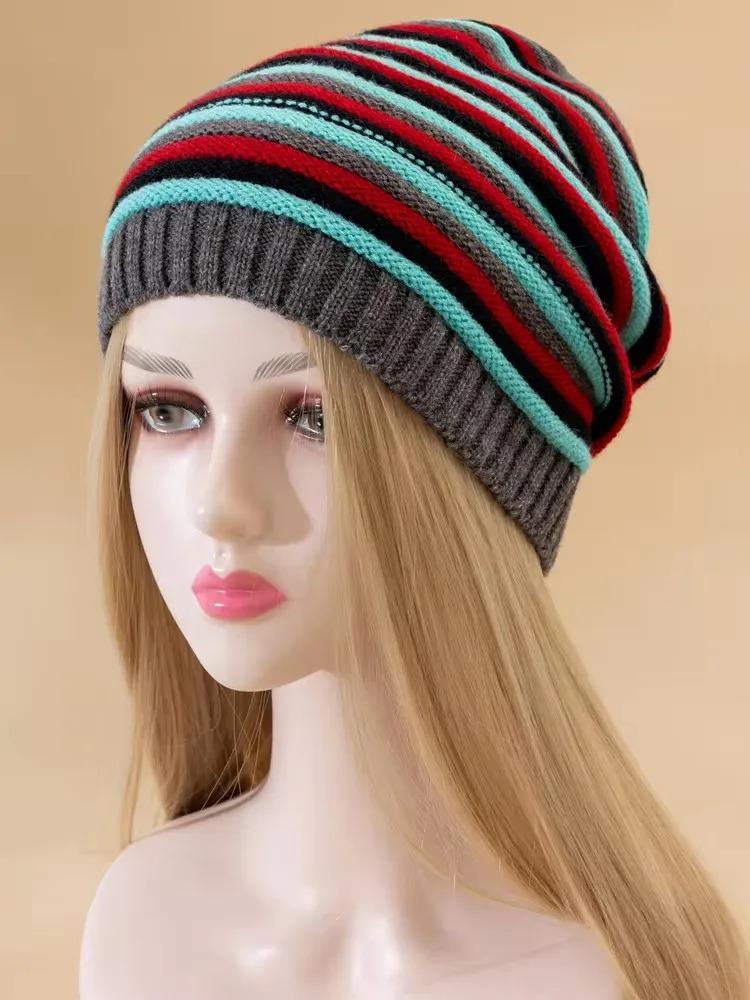 New Women Slouchy Winter Hats Keep Warm Beanie Hat Striped Design Casual Knitted Cap