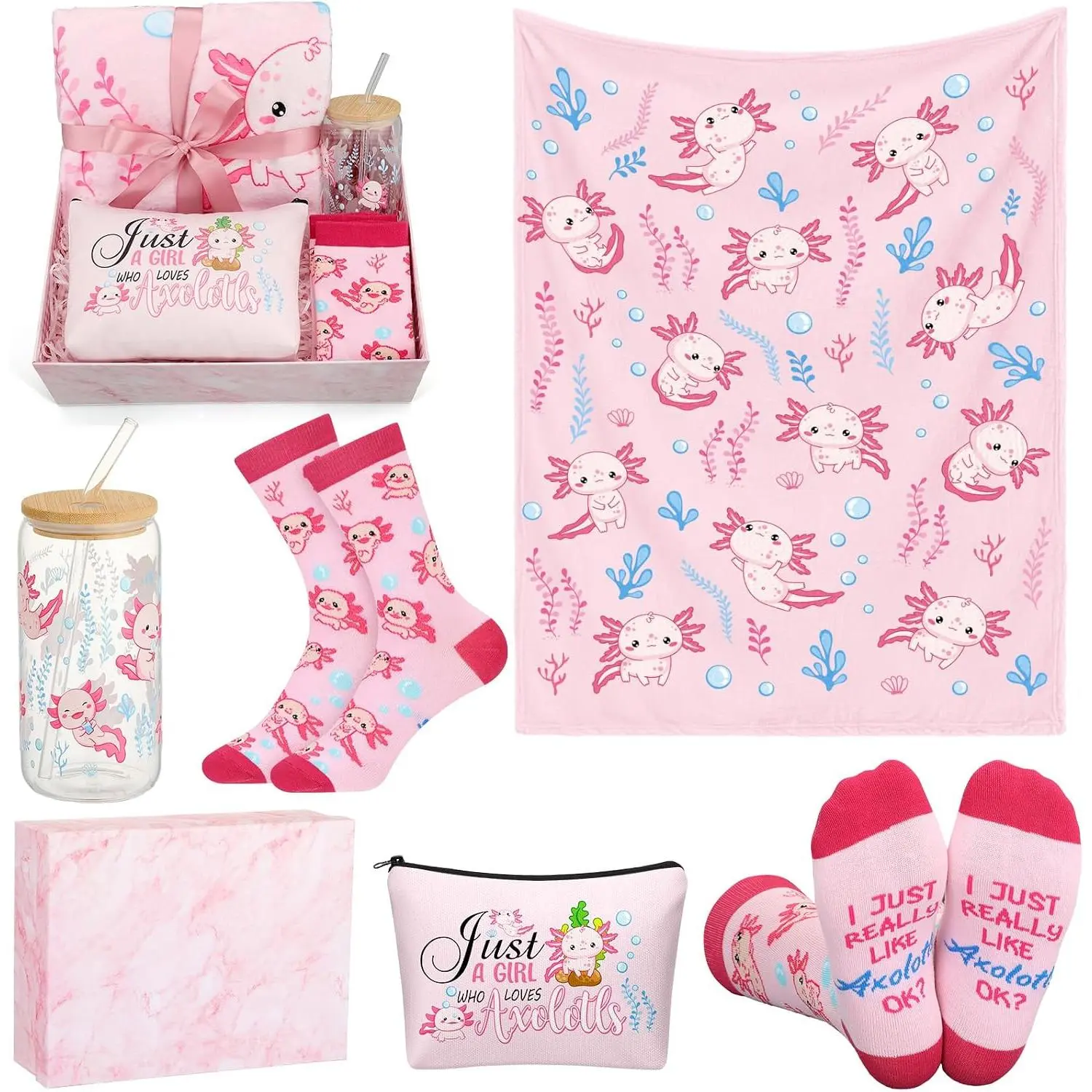 4 count  Day Axolotl Gifts Set for Daughter Girls Mexican Salamander Stuff with Flannel Blanket, Novelty Socks, 16 oz Glass Jar Tumbler and  Bags for Axolotl Lover Birthday ()