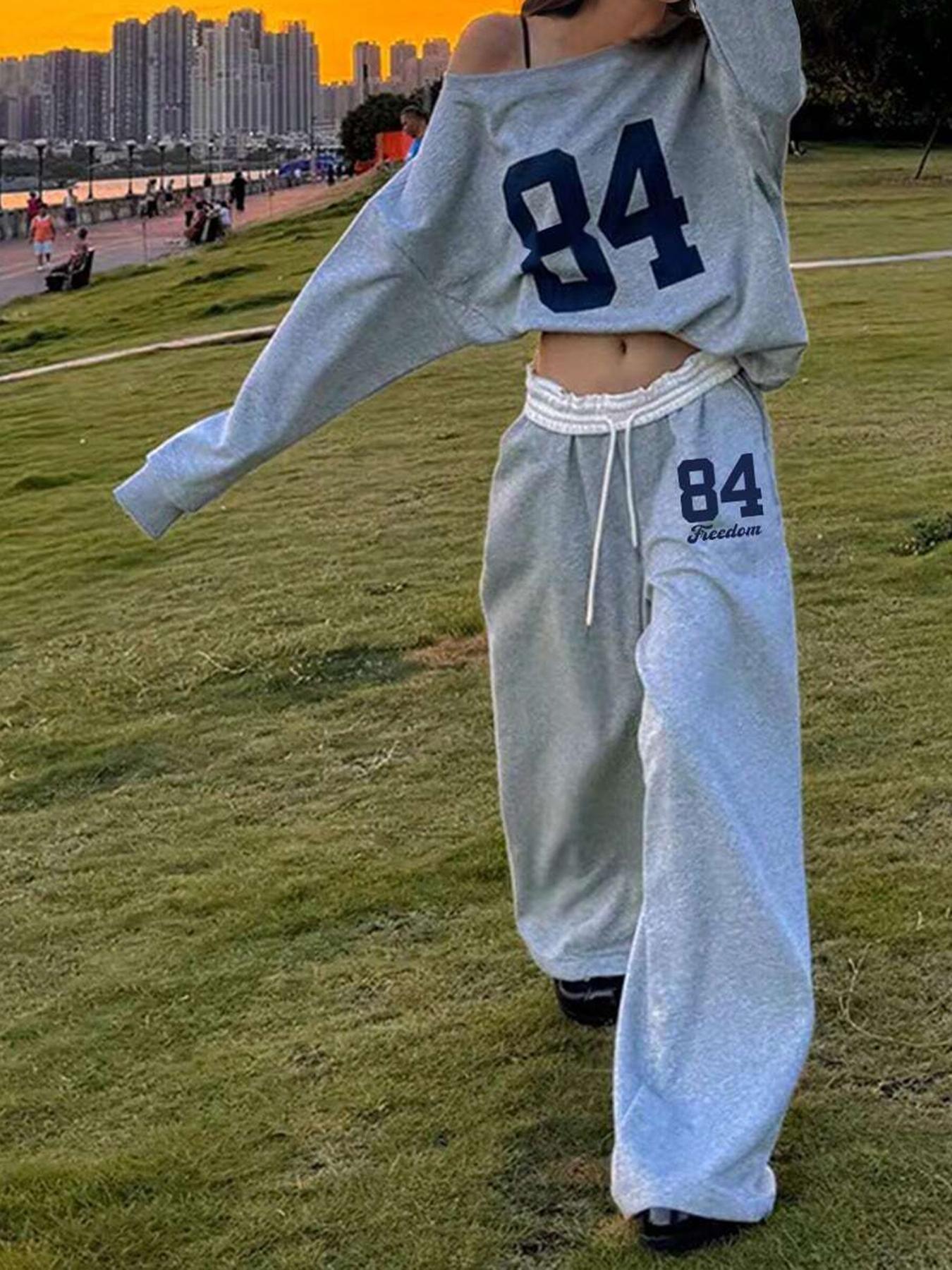 Women's Letter & Number Print Drop Shoulder Fitted Sweatshirt & Drawstring Waist Sweatpants Two-piece Set, Casual Fashion Cozy Breathable Two Piece for Daily Wear, Ladies Spring & Fall Clothes