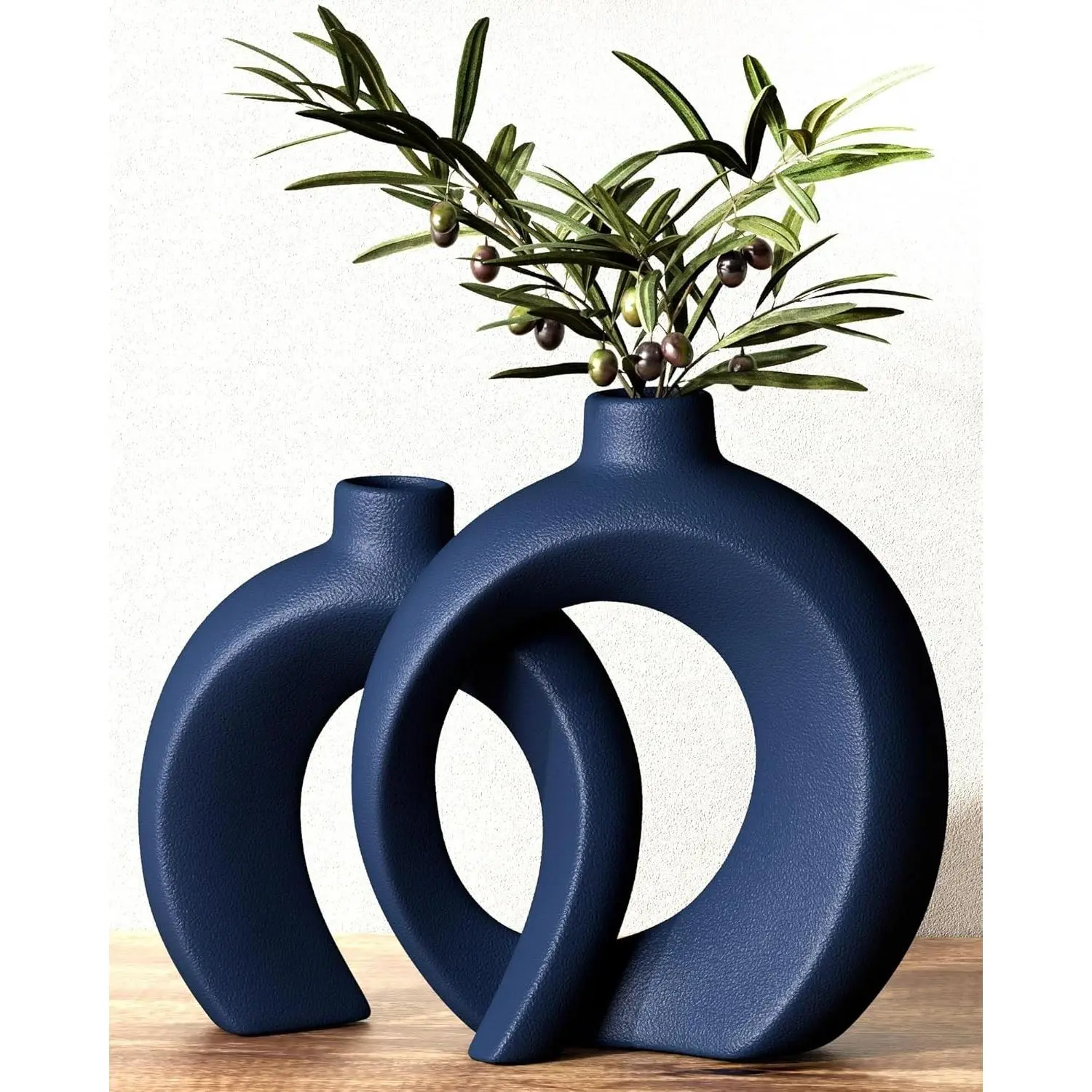 2-Piece Matte Navy Blue Hollow Sapphire Donut Ceramic Vase Set with Pearl-Cotton Accents, Minimalist Coastal Farmhouse Centerpiece for Home Living Room Coffee Table, Ideal Home Display Gift