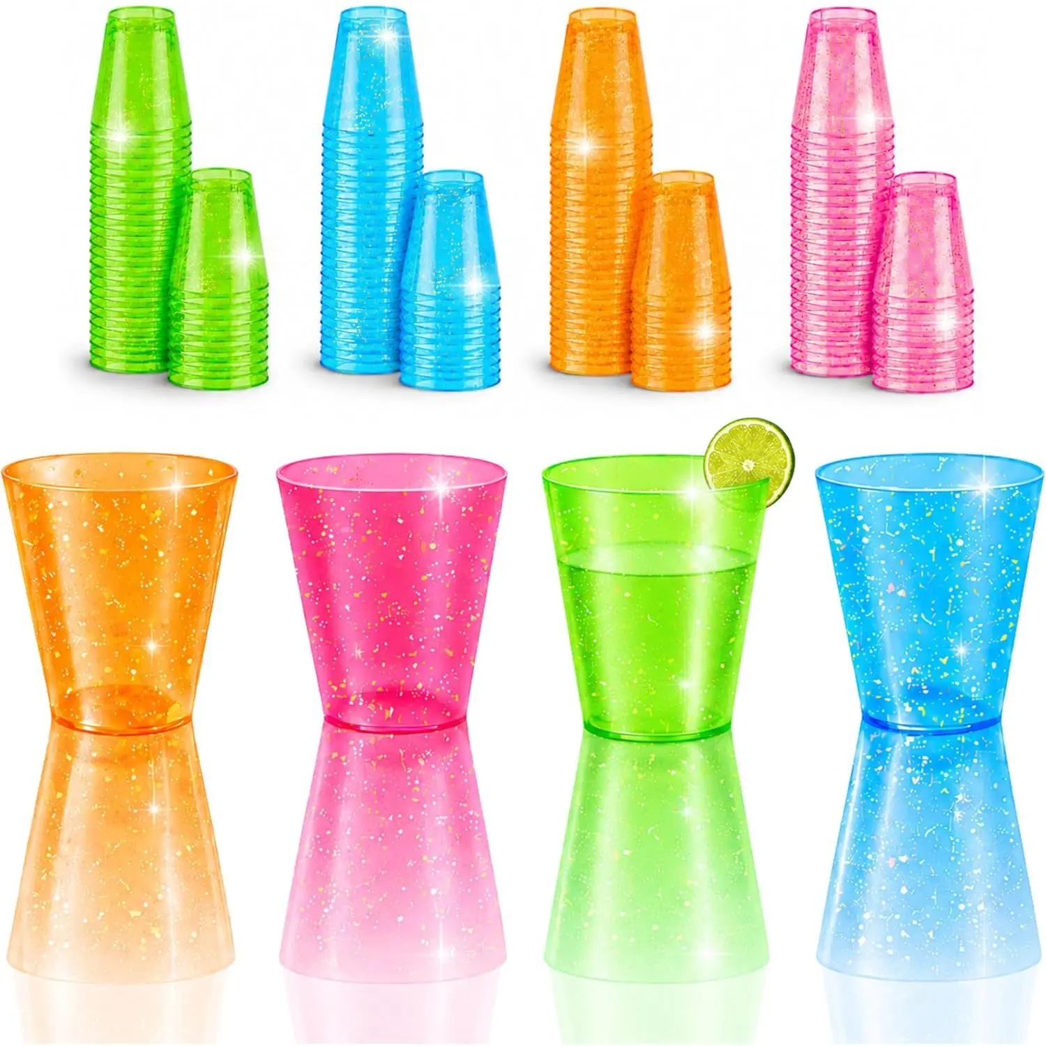 100 COUNT (1 oz) NEON SPARKLE | PLASTIC SHOT GLASS CUPS | Disposable BRIGHT MULTI-COLOR Variety Pack | Glow Party Disco  Trinkets Decorations Accessories Decor