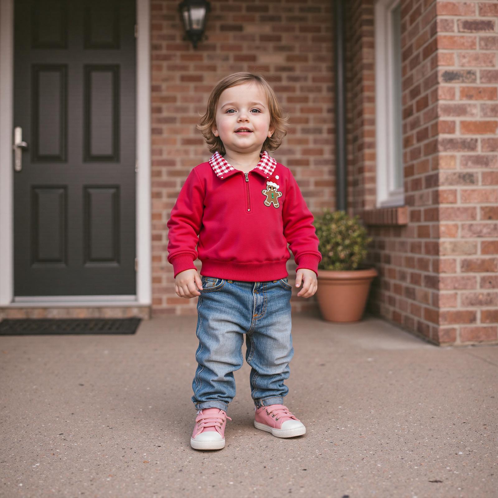 Baby Boy Christmas Sweatshirt Gingerbread Man Embroidery Long Sleeve Lapel Zip Front Pullover Tops 6M-4Y