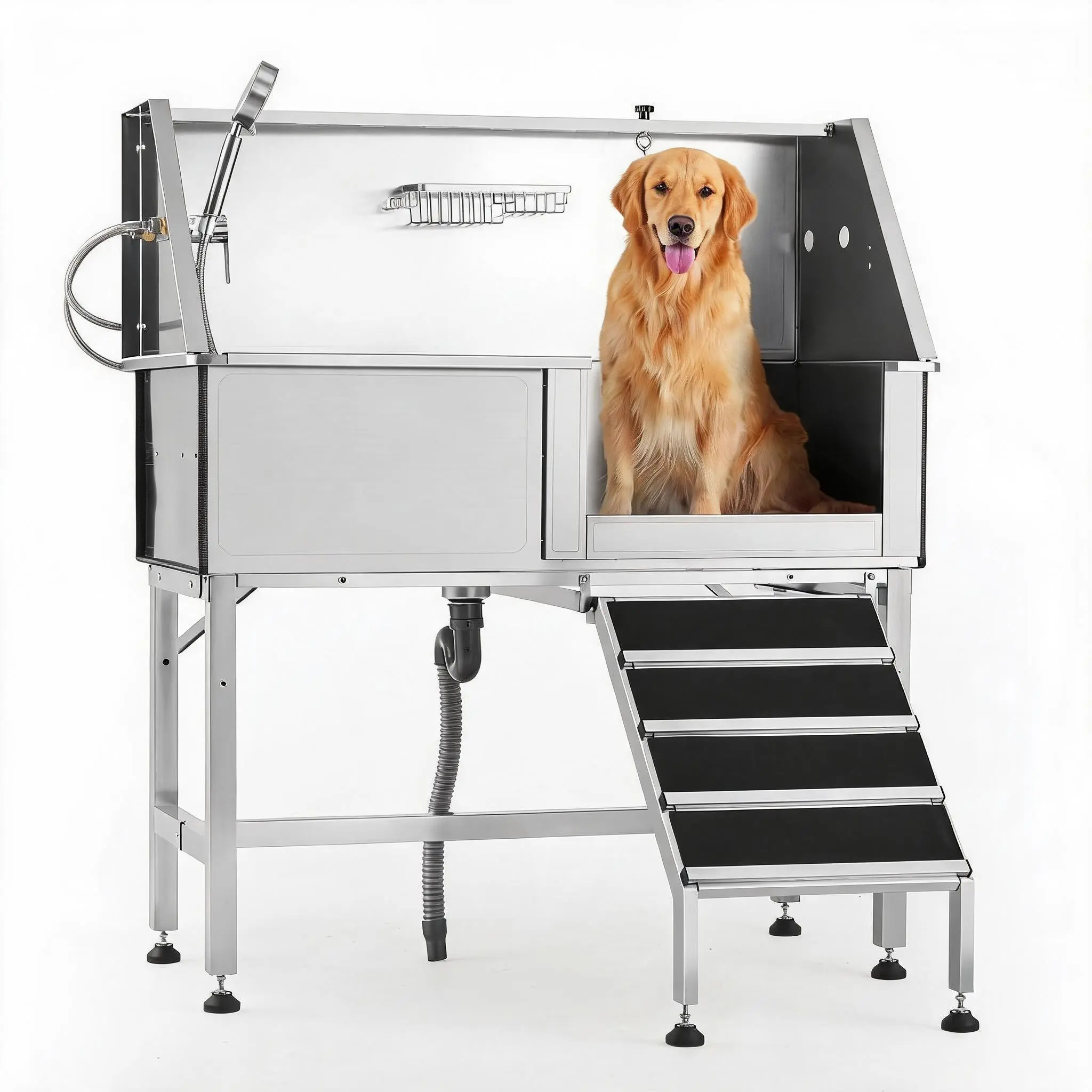 46" Stainless Steel Dog Washing Station with Ramp, Right Door, Heavy Duty Pet Grooming Bathtub, Brushed Finish Pro Grooming Tub for Dogs