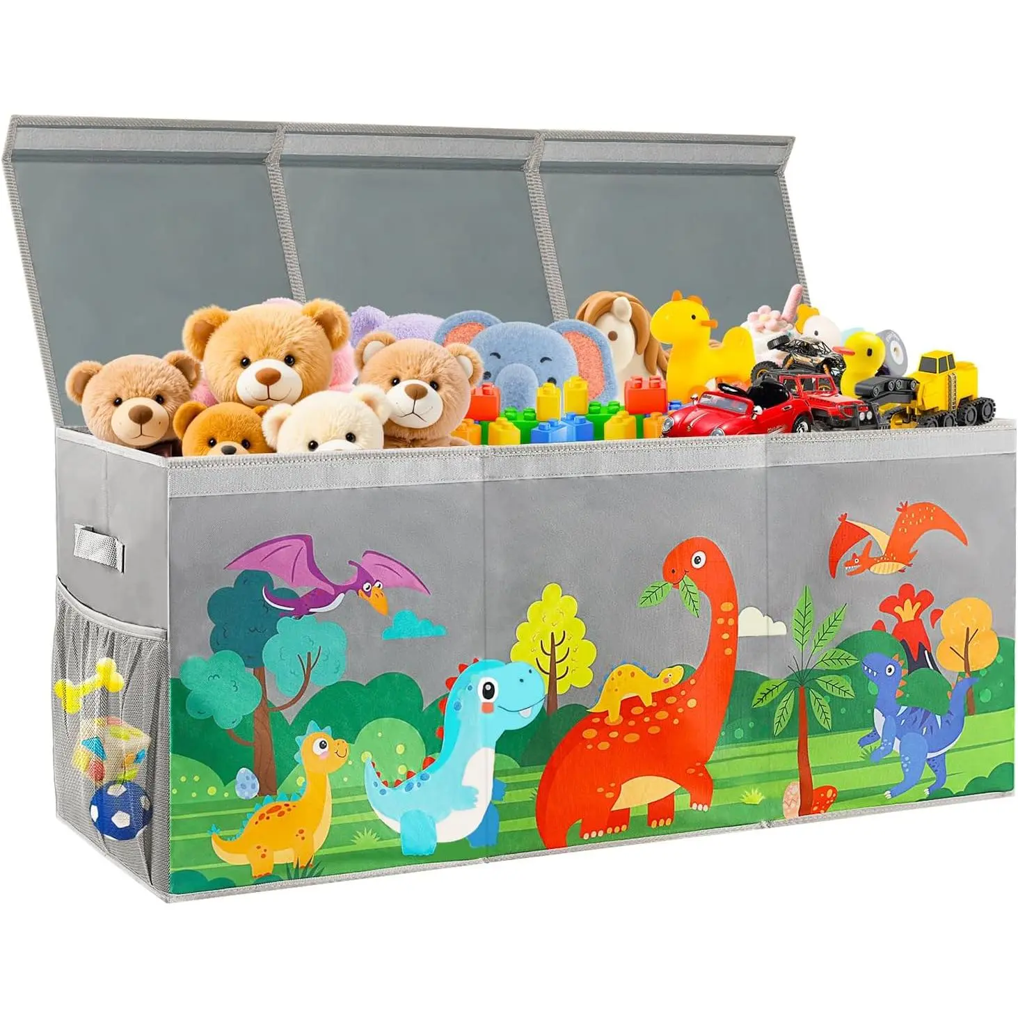 Extra Large Toy Box Chest with Lids, Collapsible Toy Storage Organizer for Kids, Dinosaur Toy Bin Box for Toddlers Boys Girls, Toy Organizer for Living Room Nursery Playroom Bedroom Home Grey