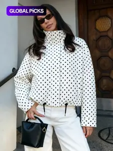 Polka Dot Women's Spring High Neck Long Sleeve Zip Up Jacket Windbreaker Cropped Coat Outdoor Casual Bomber Jackets For Woman Outerwear Streetwear Demi-Season New In Jackets Fashionable Zipper Blue Woman Jackets