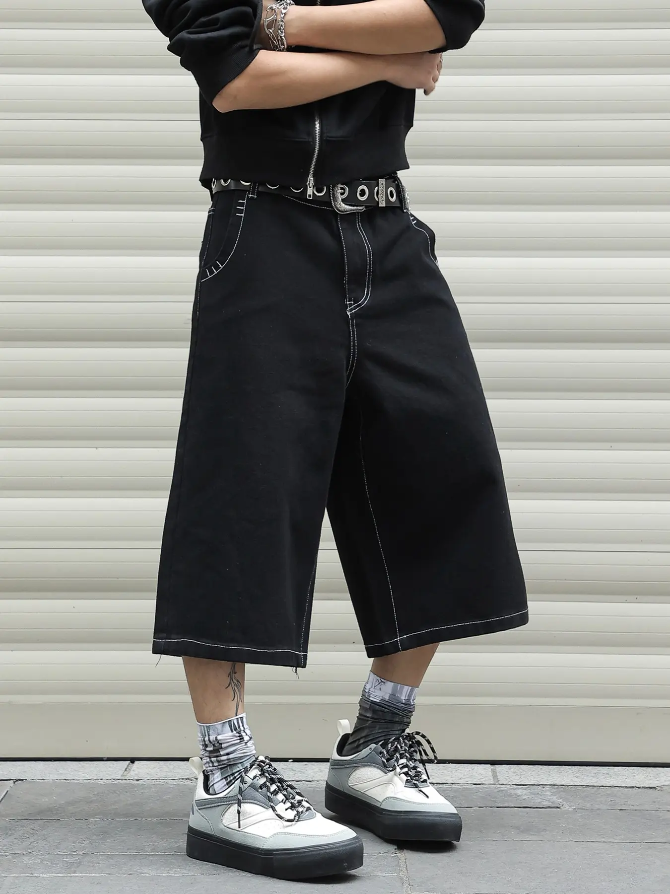 Summer Casual Men's Wide Leg Jeans Shorts, Loose Fit Big Foot Washed Craft, High Street Trendy Five-Finger Short Pants, No Belt, High Street Appeal