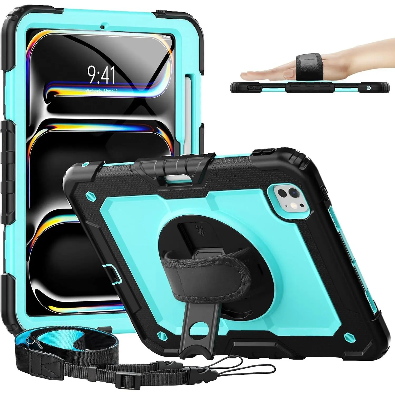 Case for iPad Pro 11 Inch M5 2025 / M4 2024, 360° Rotating Stand, Pencil Holder, Shockproof Protective Case with Screen Protector & Hand/ Strap - for Designers & Professionals, Blue