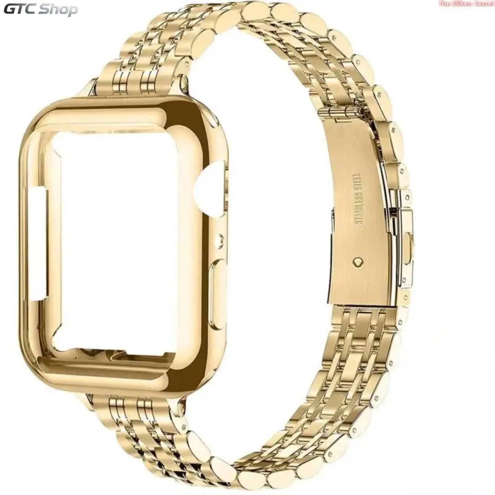 Solid Stainless Steel 7 Beads Band with Butterfly Clasp & Case Set Compatible for Apple Watch Series 8/9/10/11 Ultra SE,41/45/49mm Sizes(Watch Not Included)