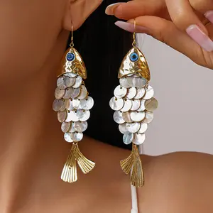 European and American Style Creative Fish-Shaped Shell Tassel Ear Hooks Beach Vacation Style Elegant Personality High-End Earrings for Women