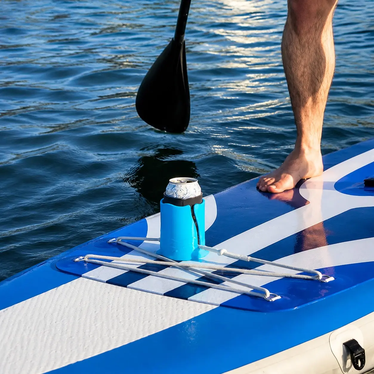 Jumbo Paddle Board Cup Holder, SUP, Kayak & Boat Water Bottle Holder, Drink Holders, Fits Drinks Up to 3.7 in, Secures Under Flat Strap or Bungee – No Suction Cup, Signature Blue Red Green