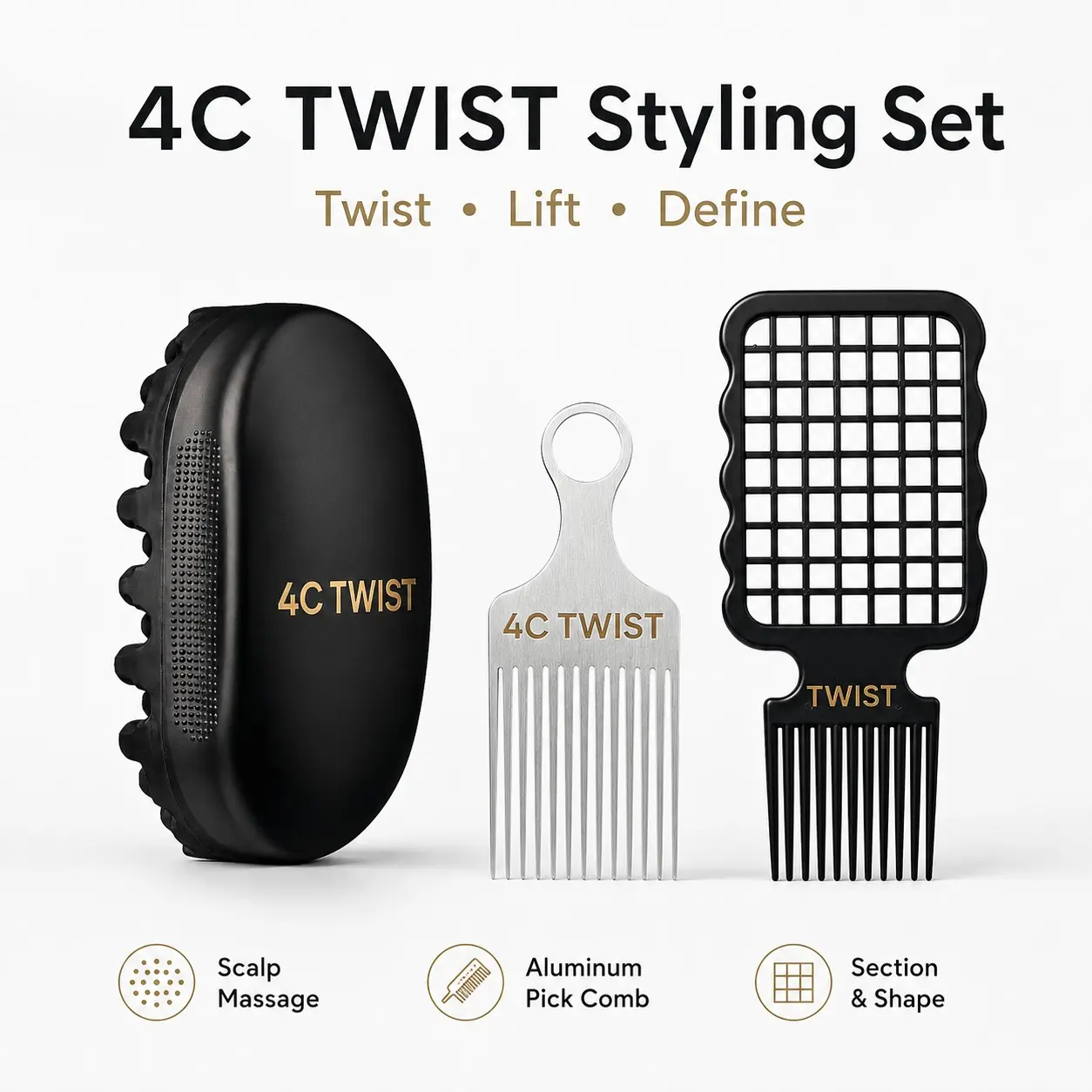 3-Piece 4C Hair Twist Styling Set with Twist Sponge, Afro Pick and Grid Sectioning Comb for Coily, Curly and Natural Hai