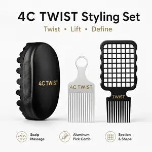 3-Piece 4C Hair Twist Styling Set with Twist Sponge, Afro Pick and Grid Sectioning Comb for Coily, Curly and Natural Hai