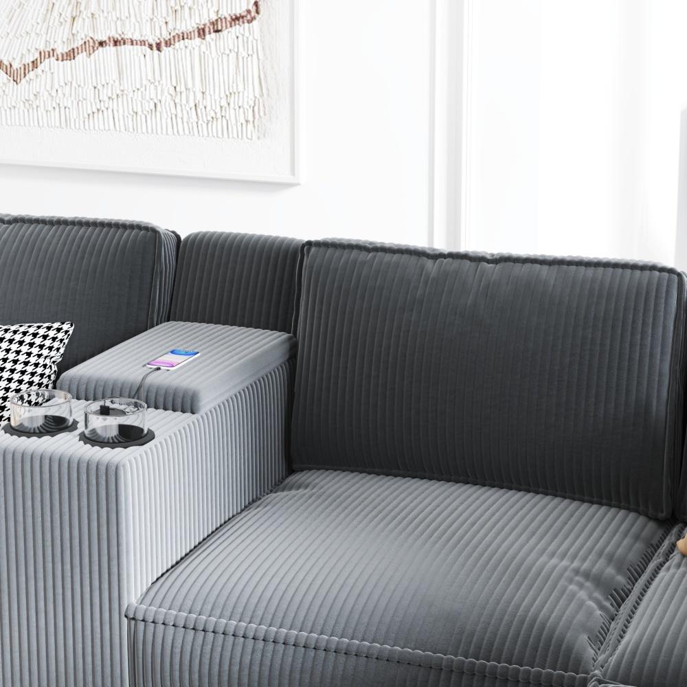 L-shaped 6-seater 133.4'' * 94.4'' Corduroy Sofa, Large Storage Armrests with Center Console, USB Charging, Left and Right Seats Can Be Switched Couch