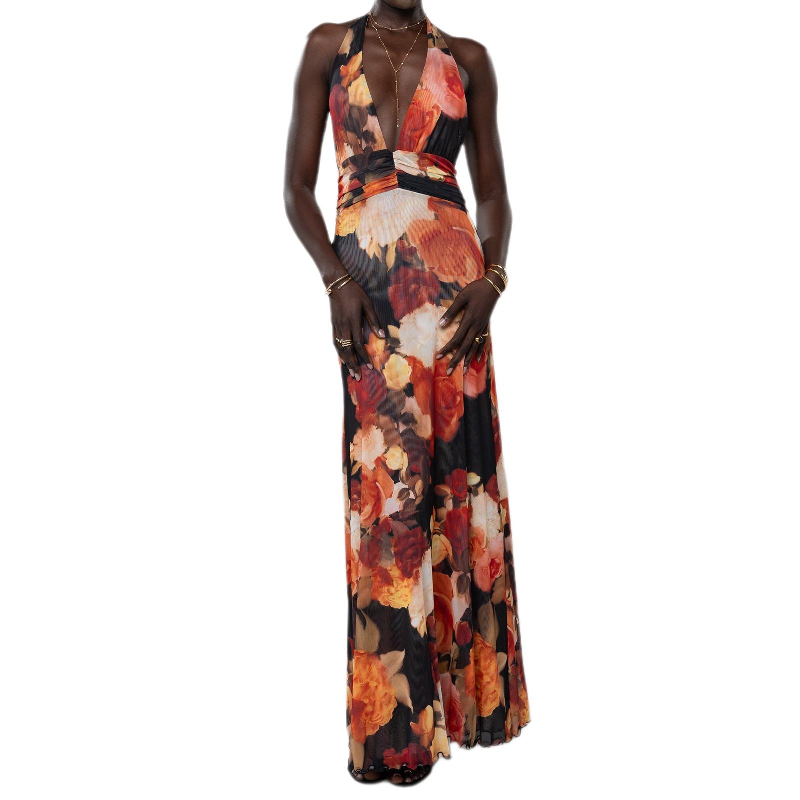 Women Long Dress, Sleeveless Halter Dress Backless Flower/Dots Print Summer Cocktail Dress